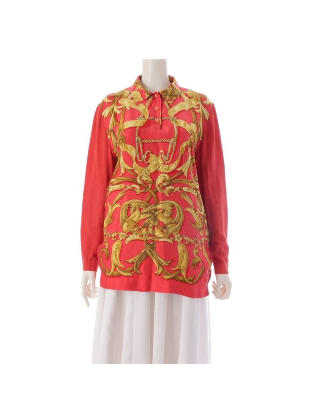 Hermes Vintage Silk Knit All Over Print Polo Long Sleeve Shirt Top Red Sweater